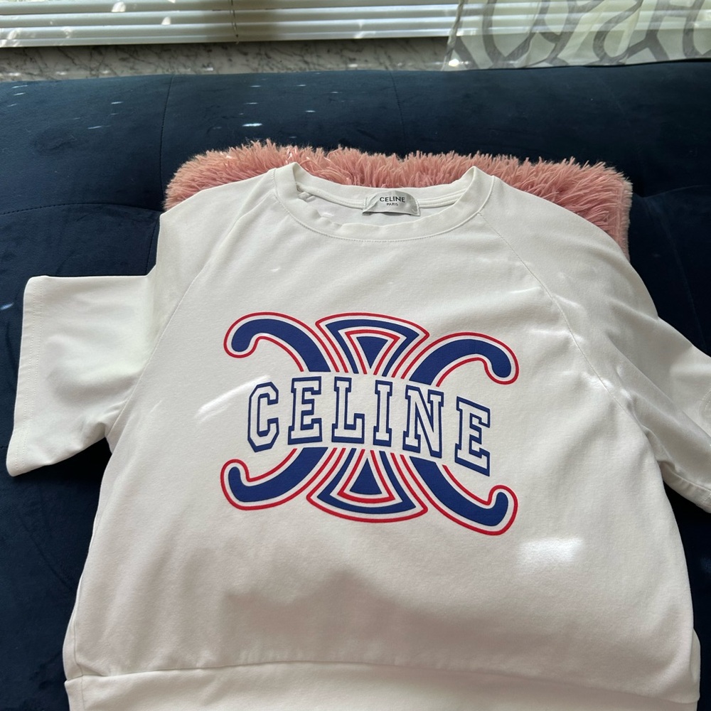Celine White Tee with Red & Blue Graphic Logo